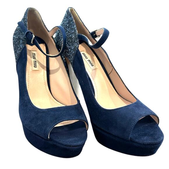 Miu Miu Blue Suede Glitter Accent Peep toe platform heels Size: 38.5 NWOT/box - Picture 5 of 13